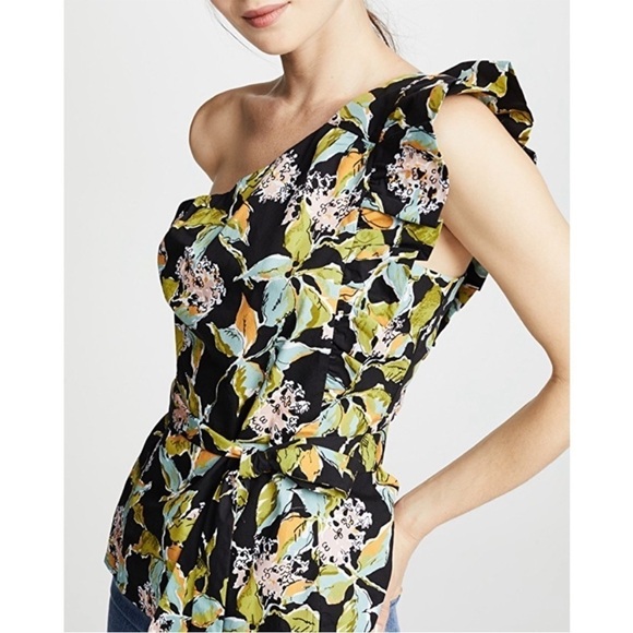 PAIGE Cantina One Shoulder Ruffle Top Black Multi Kona Floral Size Small Tie - Picture 1 of 16